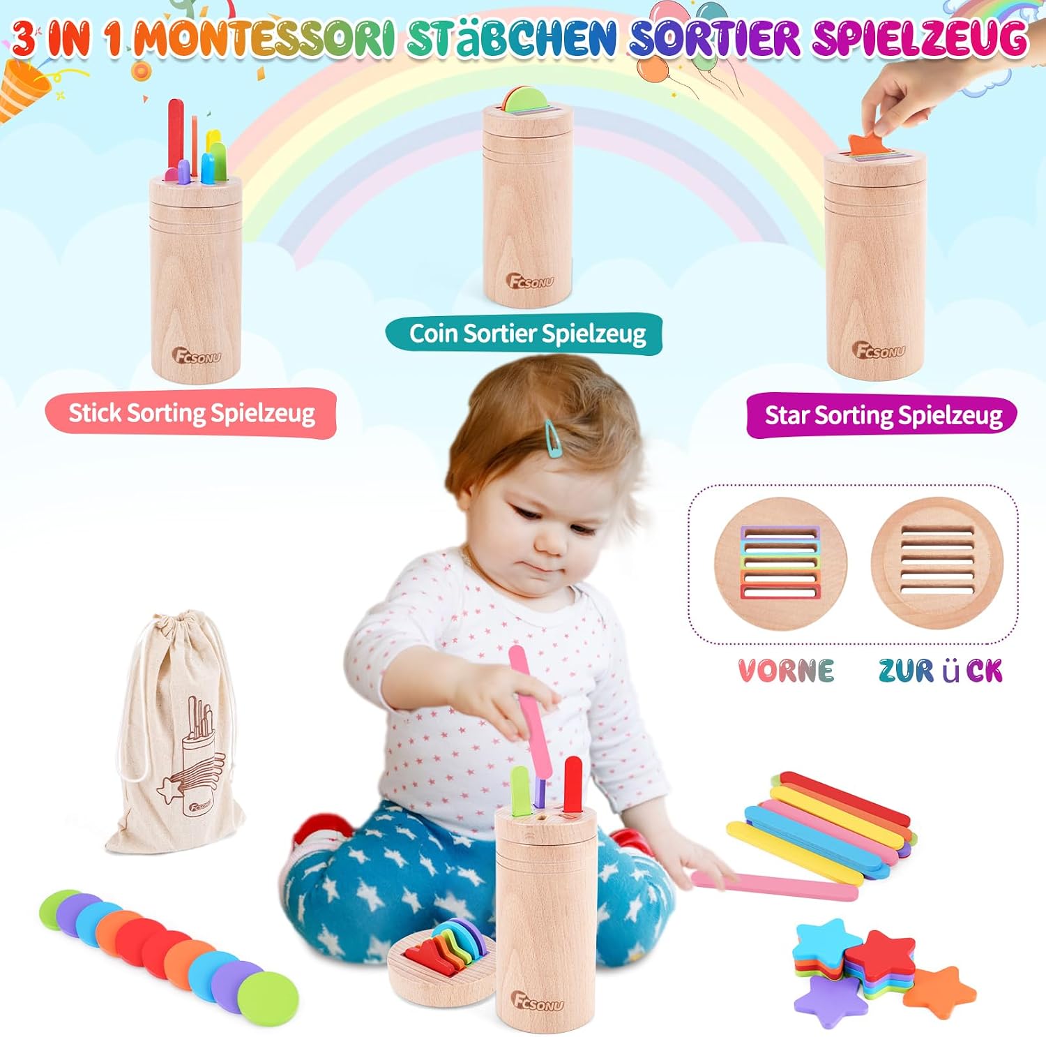 Detalle 2 de FCSONU Montessori Steckspiel aus Holz (3-in-1) ab 1 Jahr, Sortierspiel mit Formen und Farben