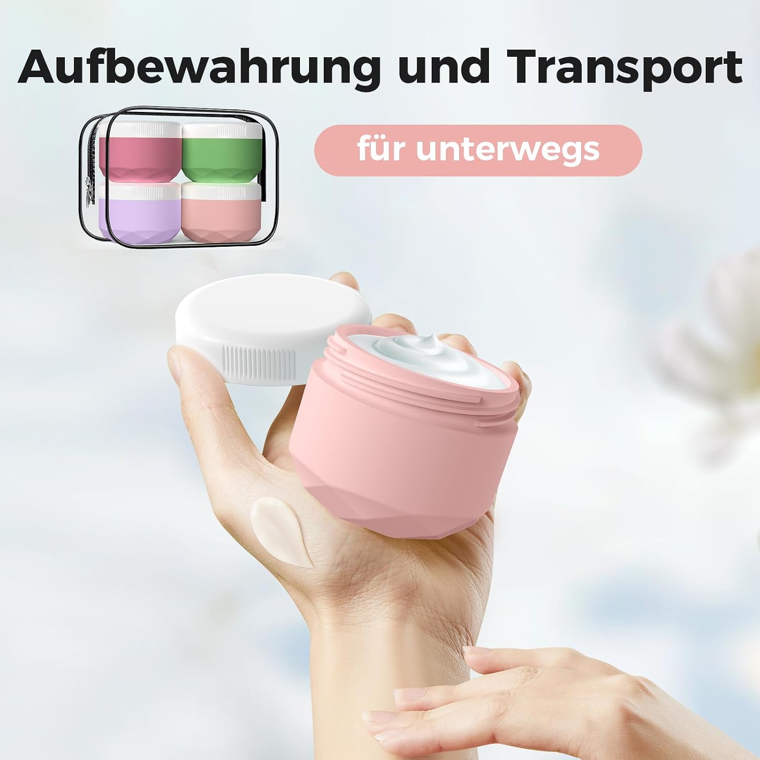 Detalle de WLEAD Cremetiegel zum Befüllen – 4 Stück, 30 ml Silikon Cremedosen mit Klarsichtbeutel
