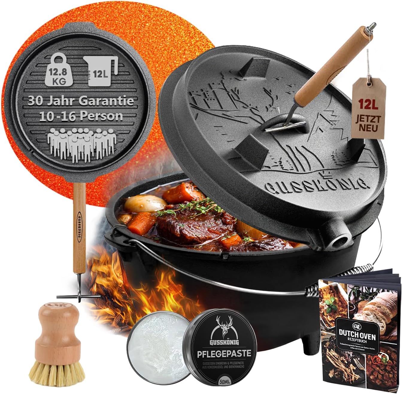 Detalle de GUSSKÖNIG Dutch Oven Set 12 L – sofort einsatzbereit, 2in1 Deckelheber & Zubehör
