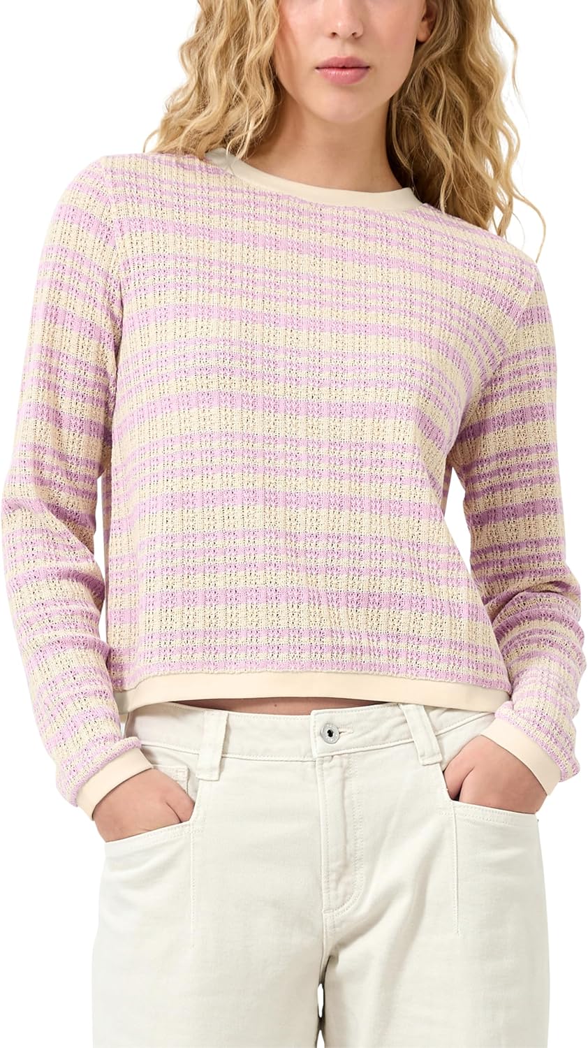 Detalle de QS Damen Longsleeve mit Ajourmuster – Regular Fit, Rippware, Rundhalsausschnitt