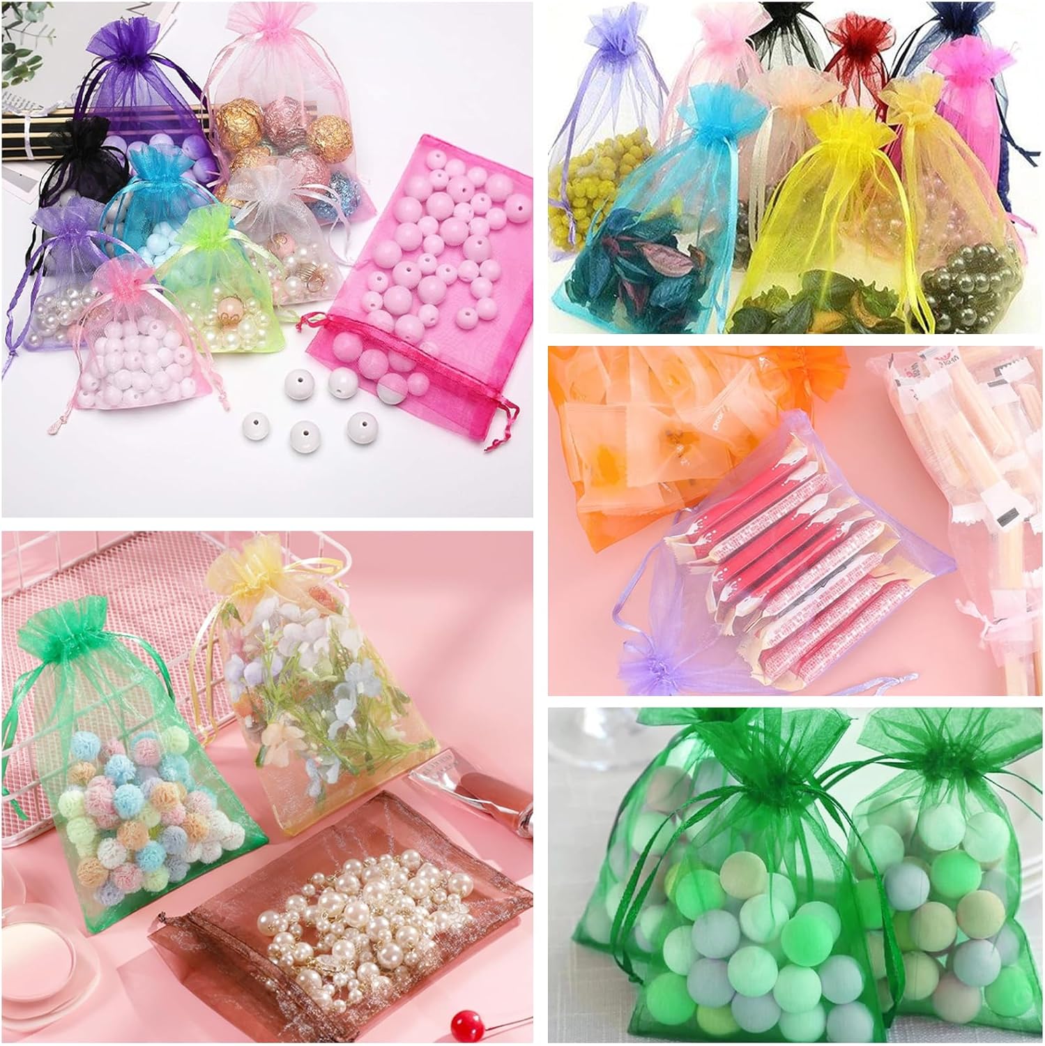 Thumbnail 5 de 100 Stück weiße Organzasäckchen 7x9 cm – Geschenkbeutel mit Kordelzug