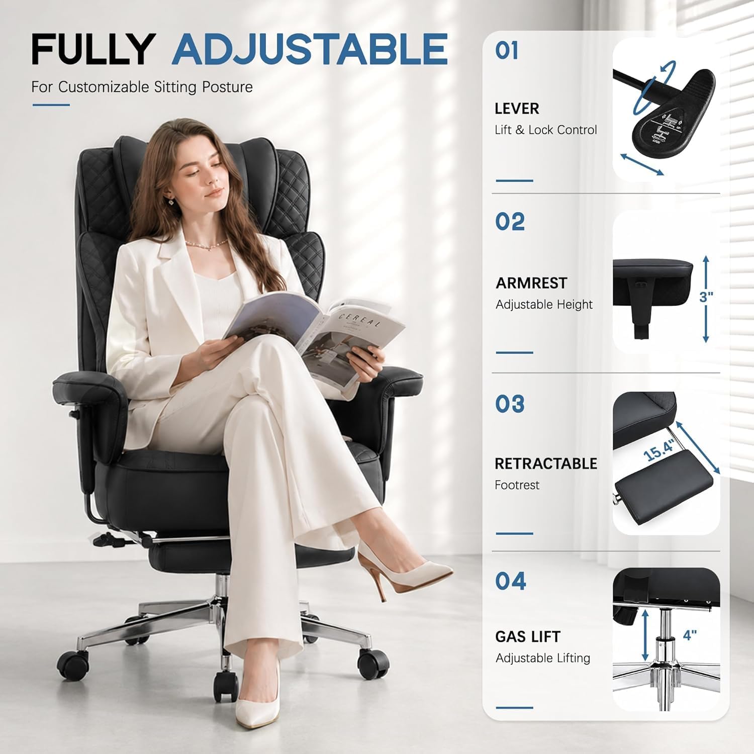 Detalle de Daeorio HXCH001-Black Big and Tall Office Chair with Footrest, Reclining Faux Leather