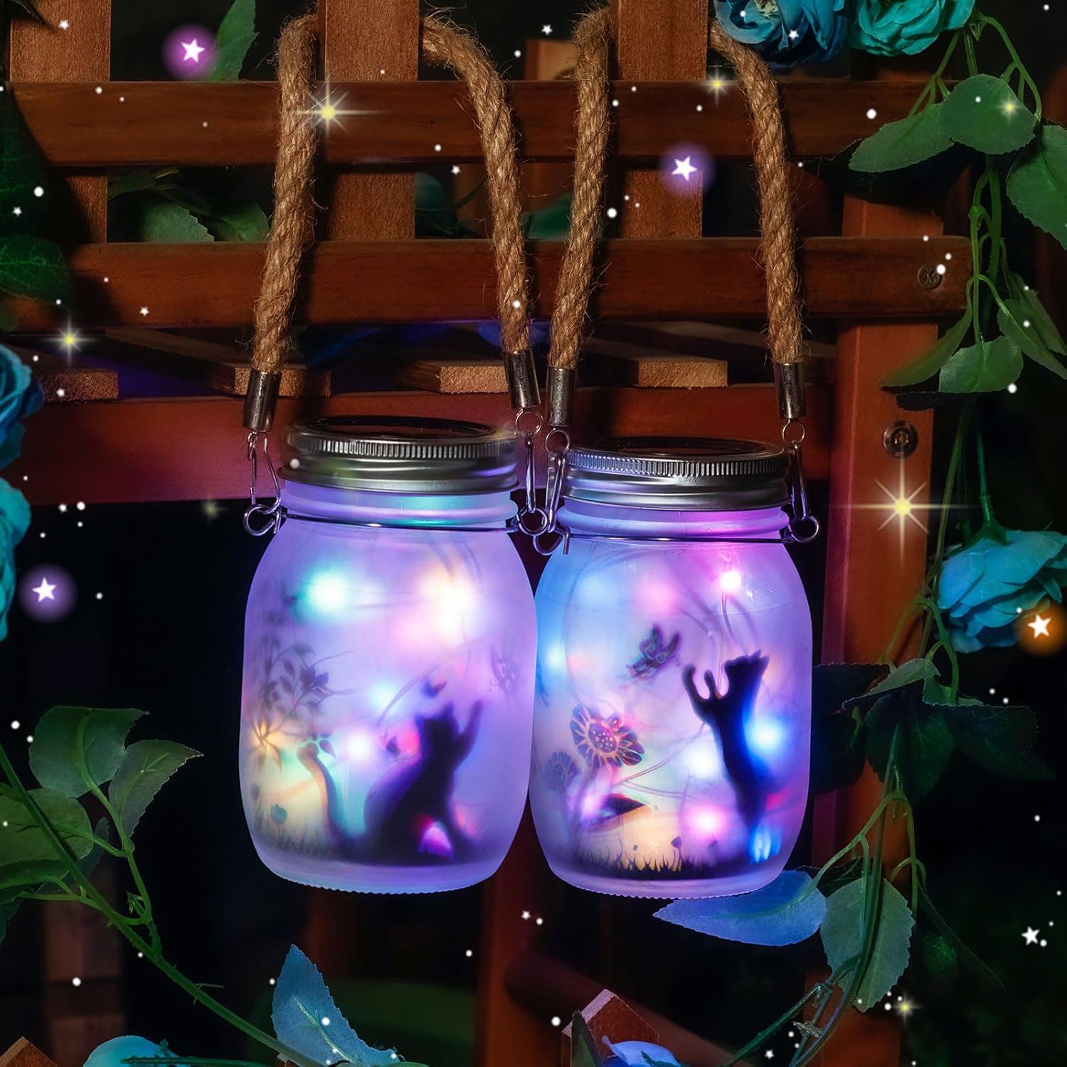 Thumbnail 2 de MLOQI 2 Pack Solar Lanterns with Cat Silhouette – Outdoor Mason Jar Lights