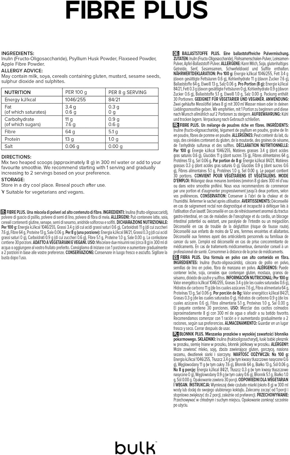 Detalle 2 de Bulk Fibre Plus Naturel — Poudre de fibres végétales 480 g (60 portions), vegan et non aromatisée