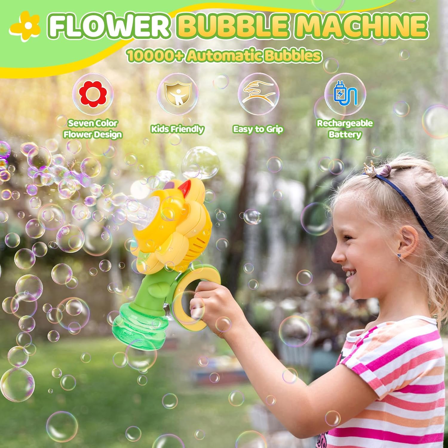 Thumbnail 1 de Jovicos Seifenblasenmaschine für Kinder – wiederaufladende tanzende Sonnenblume mit LED-Licht