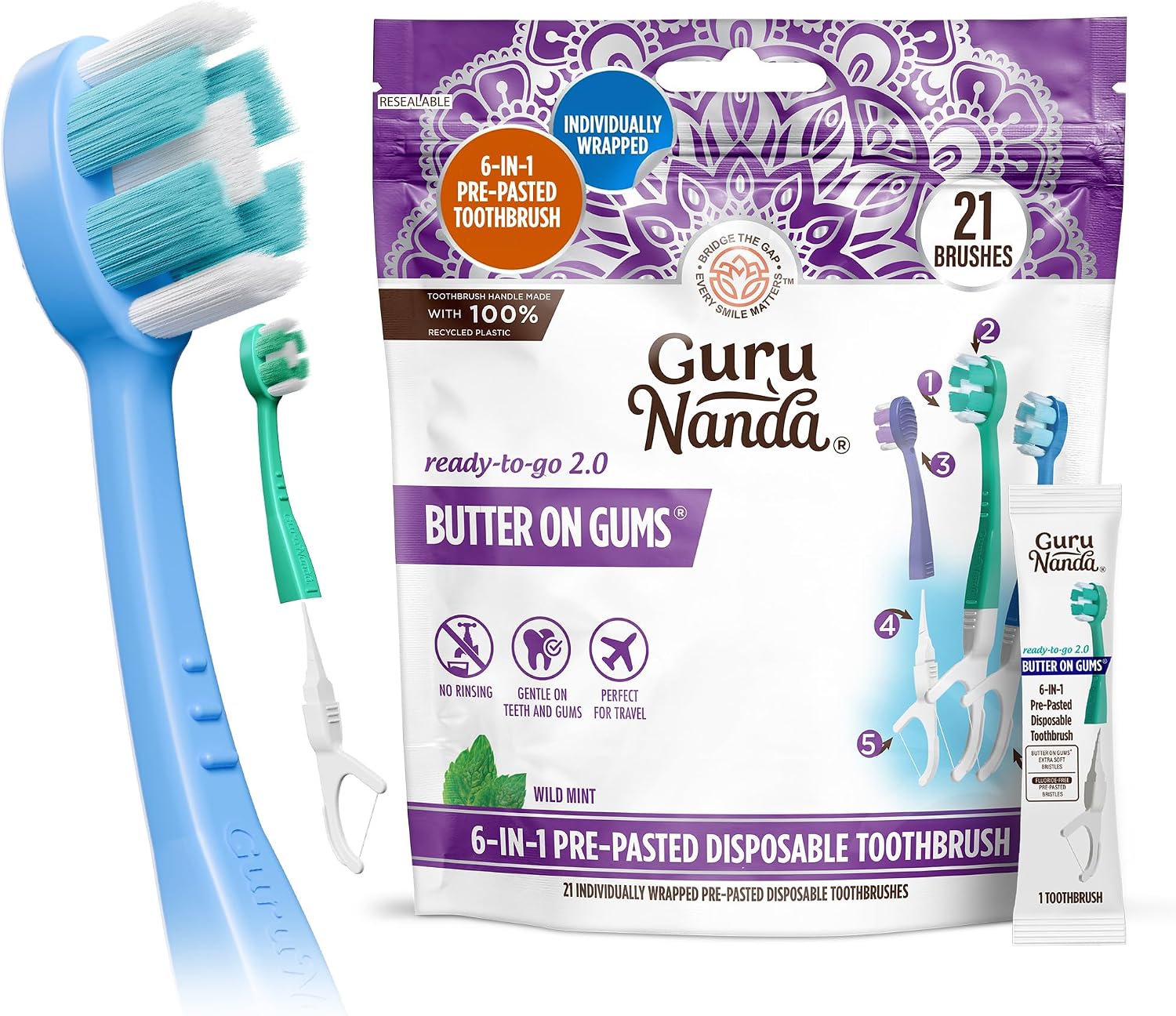 Detalle de GuruNanda 6-in-1 Disposable Toothbrush 21 Ct 🪥