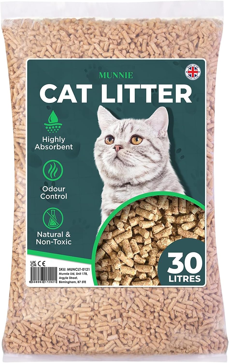 Detalle de Munnie Cat Litter 30L – Biodegradable, Dust-Free, Unscented Wood Pellets for Cats & Kittens