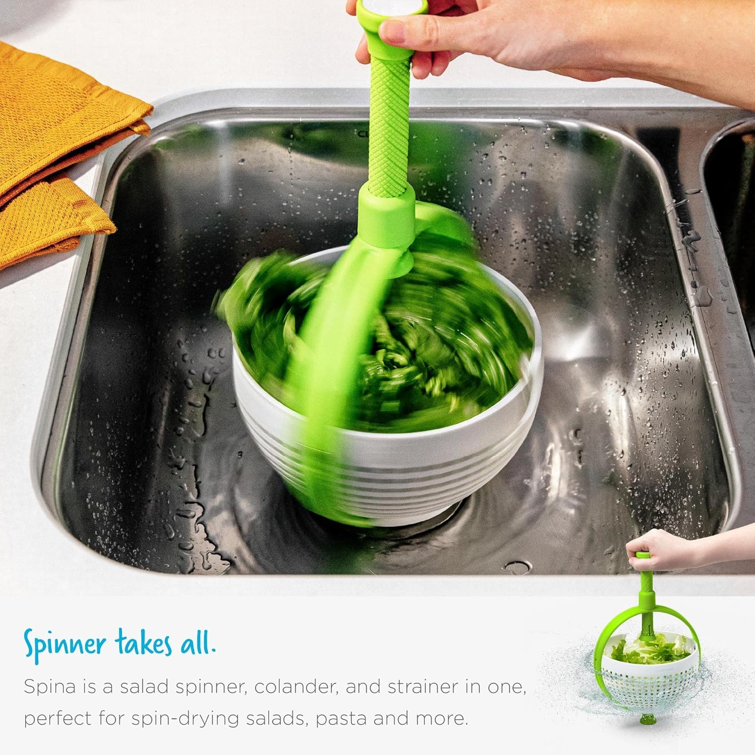 Thumbnail 6 de Dreamfarm Spina 2-in-1: Collapsible Salad Spinner & Straining Colander (3 Quart) in White/Green