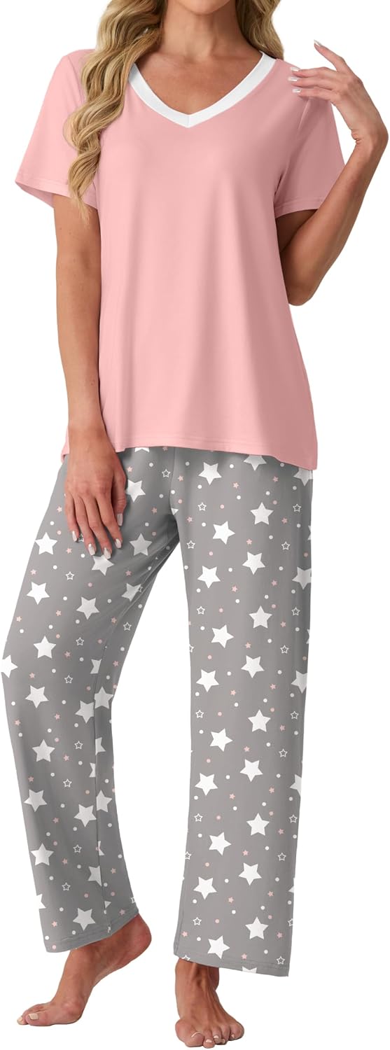 Detalle de VINTATRE Womens Pajama Sets Two-Piece Pyjama Set, Short Sleeves & Pockets, XS-4XL