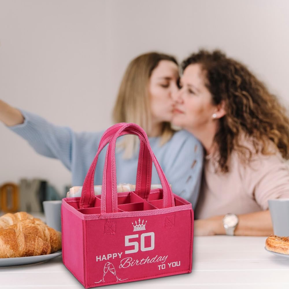Detalle de Flaschentasche zum 50 Geburtstag Frau – Geschenkset aus rosa Filz mit 50 GEBURTSTAG-Druck, Platz für bis zu 6 kleine Sektflaschen