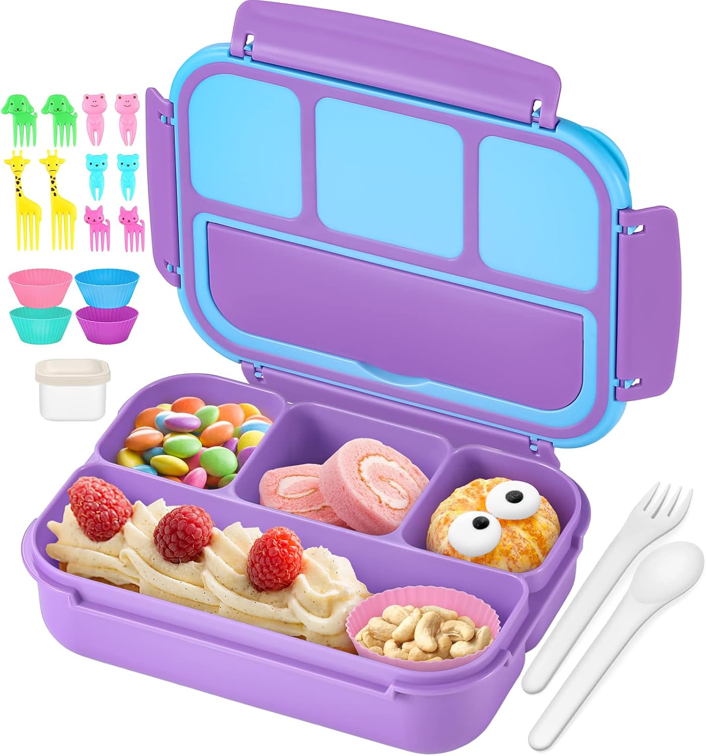 Detalle de QQKO Bento Lunch Box for Kids — 4-Compartment Lunch Container with Accessories, Purple
