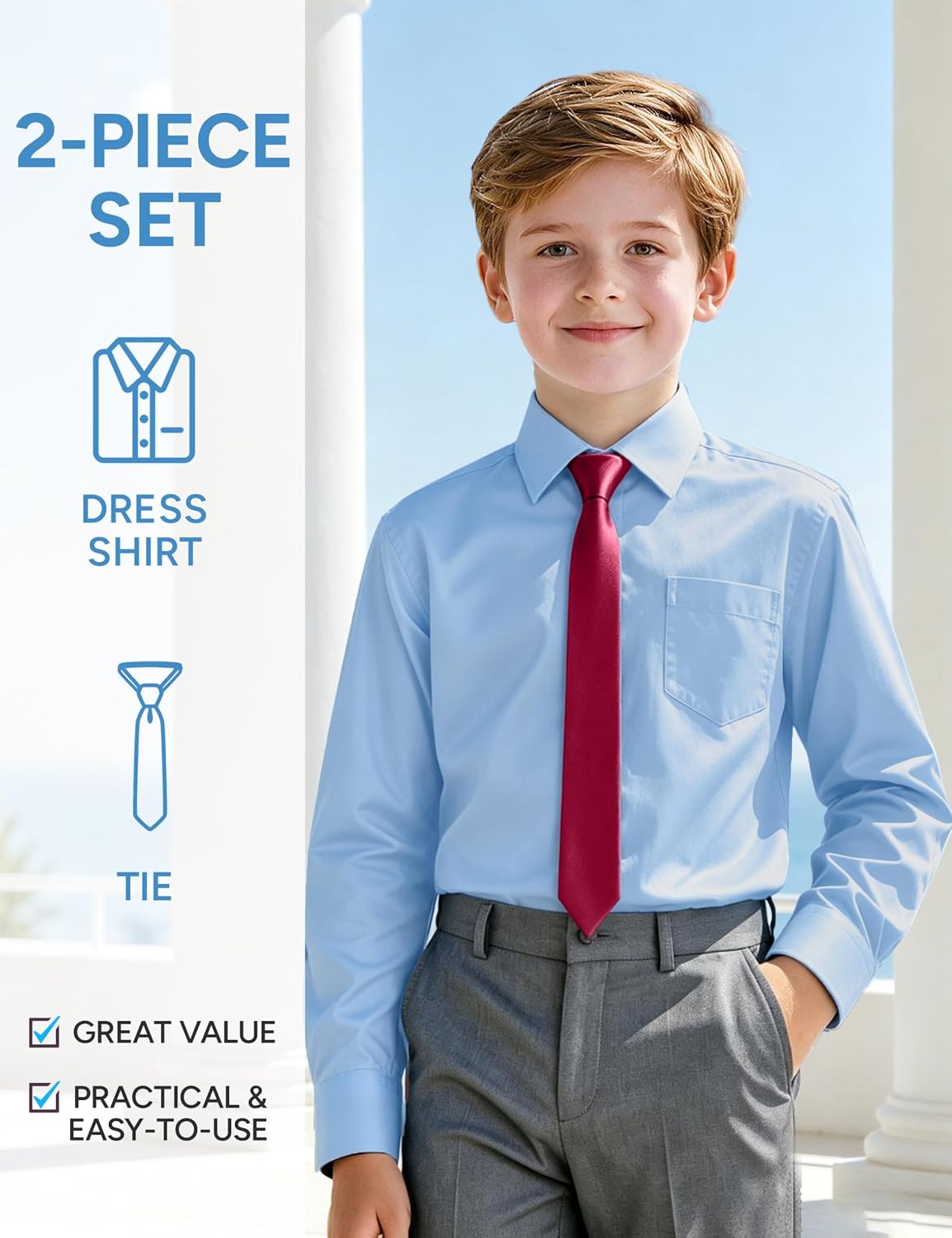Detalle de Boys’ Dress Shirt Set with Tie, Regular & Husky Fit