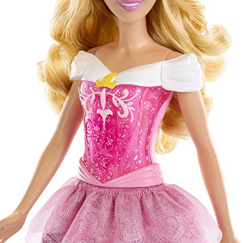 Detalle 2 de Mattel Disney Princess Aurora: bambola snodata con capa, coroncina e accessori scintillanti (HLW09)