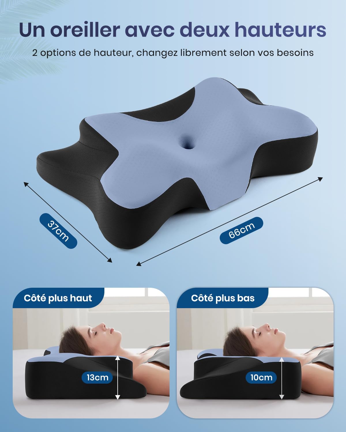 Detalle de Oreiller cervical ergonomique à mémoire de forme DONAMA, soutien du cou (66x37x13 cm) bleu et blanc