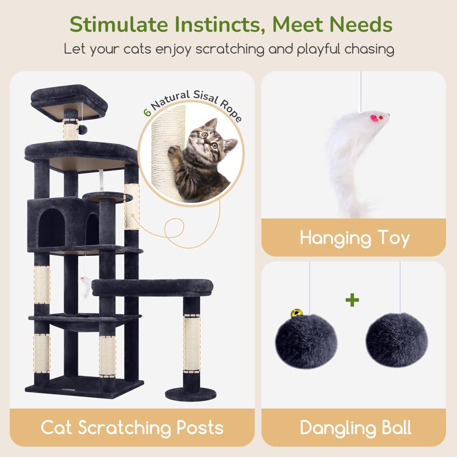 Detalle 2 de Globlazer S65 Cat Tree Tower for Large Indoor Cats, 6 Levels, Sisal Posts
