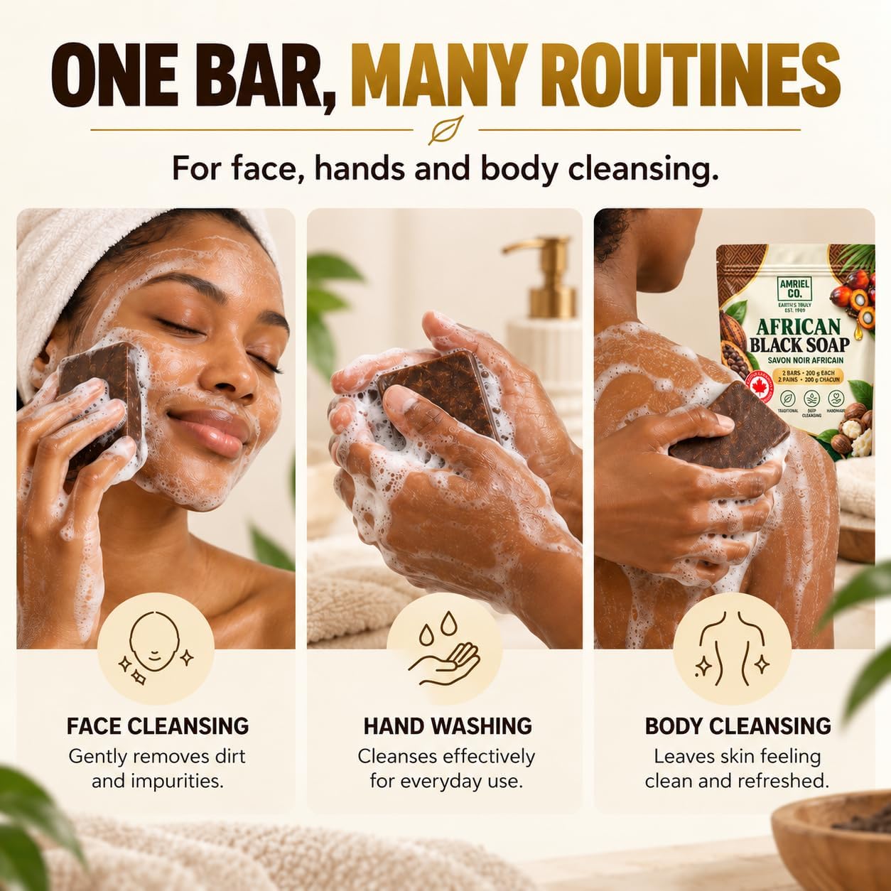 Detalle de Amriel Co African Black Soap, 2 x 200 g Plant-Based Bars
