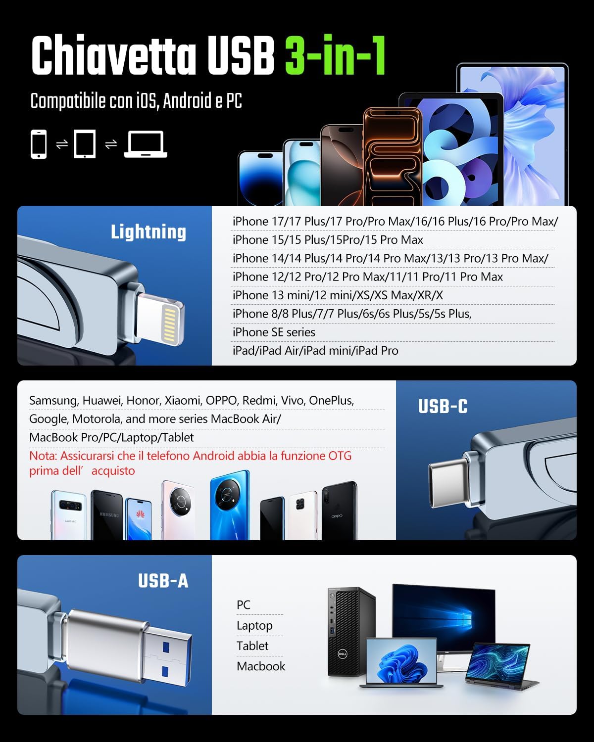 Thumbnail 4 de Gaulau Chiavetta USB per iPhone 128GB - 3 in 1 con Lightning, USB-C e USB-A, MFi, 180 MB/s