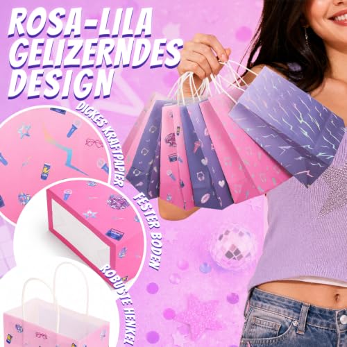 Detalle de GWHOLE Geschenktüten Kindergeburtstag – 12 Stück Lila & Rosa mit Henkel