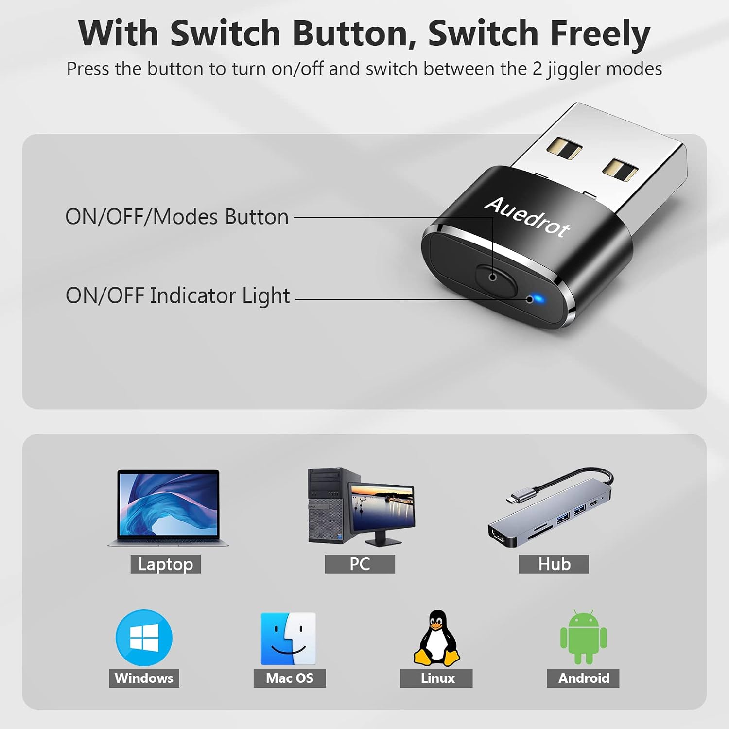 Detalle de AUEDROT Mouse Jiggler (USB) mit Schaltertaste, 2 Jiggler-Modi, treiberfrei, Plug & Play – Schwarz