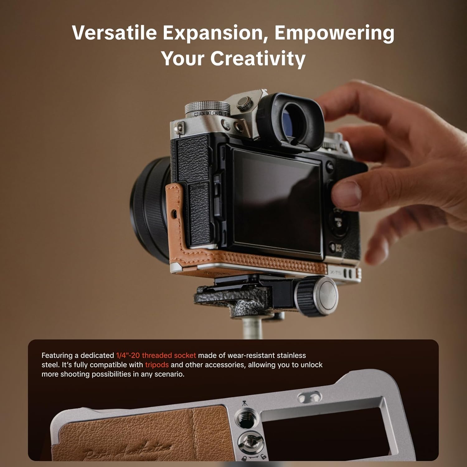 Thumbnail 5 de PGYTECH X-T5 Étui en cuir pour FUJIFILM : Demi-étui en cuir véritable fait main, base en alliage d'aluminium (Marron)