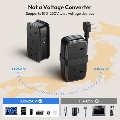 Detalle de NTONPOWER UK to Japan Plug Adapter with 1.2M Extension Cable — 5-in-1 Travel Power Hub for Type A