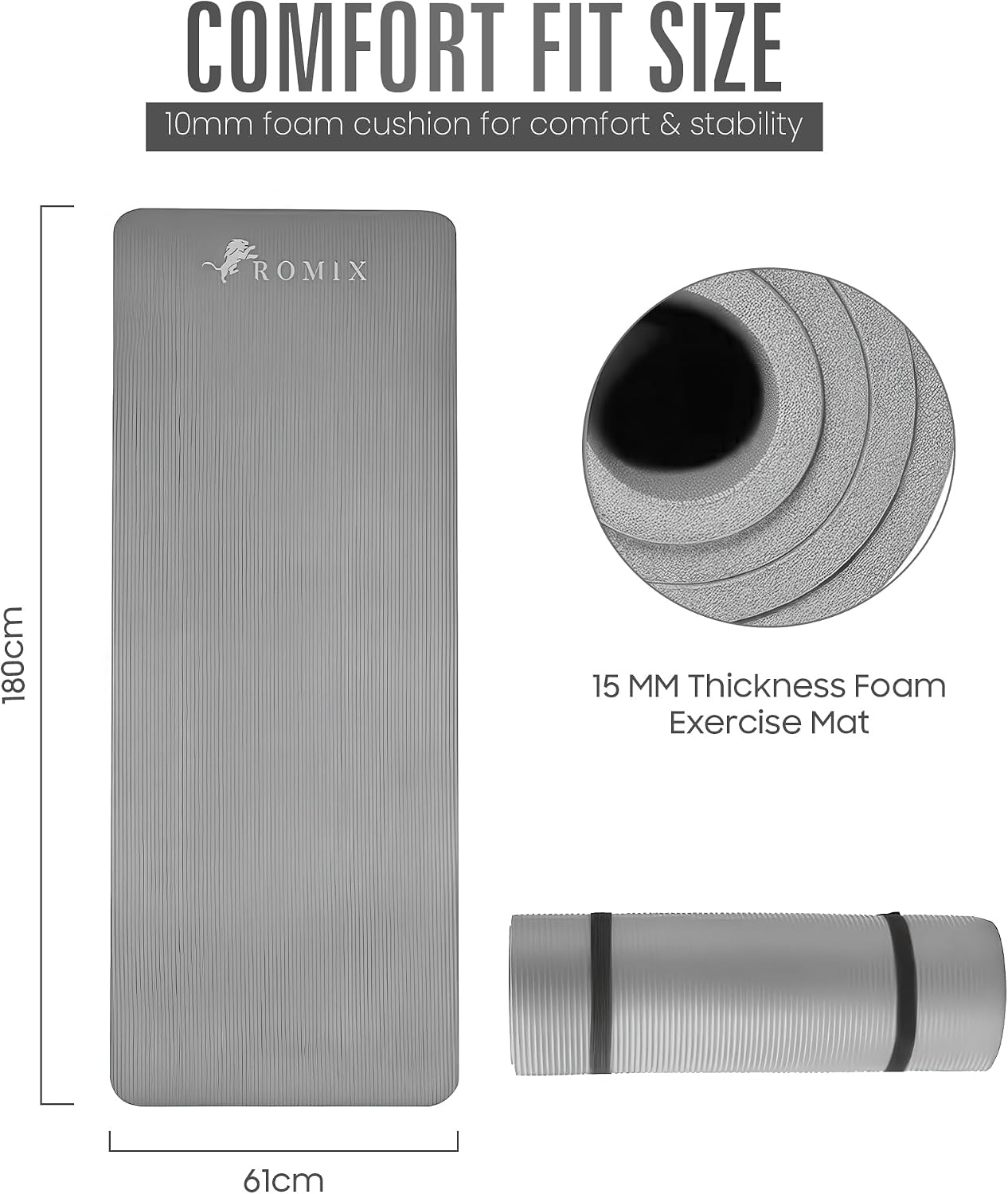Detalle de ROMIX Yoga Mat 15 mm Thick Foam – 183 cm x 60 cm with Anti-Slip Surface and Carry Bag