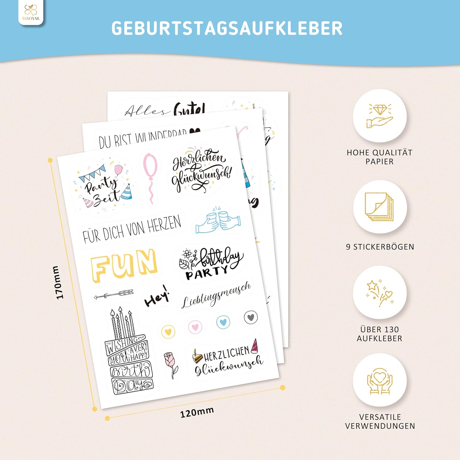 Detalle de BIROYAL 9 Blätter Sticker Geburtstag Set – Über 130 Sticker für Gästebuch, Fotoalbum und Karten