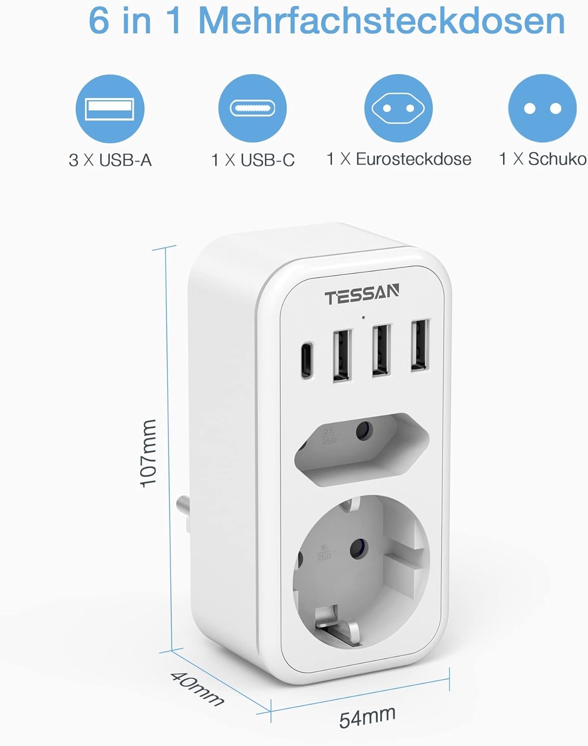 Detalle 2 de Doppelstecker für Steckdose von TESSAN – 2 Fach mit USB-C & USB Anbindung