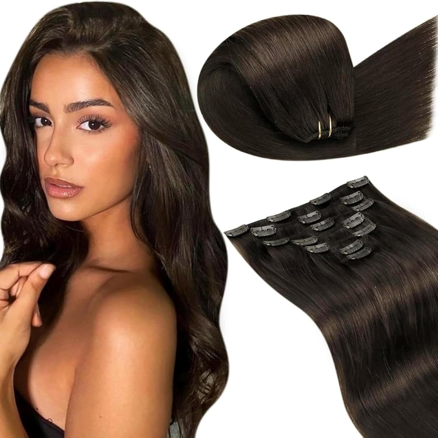 LaaVoo Extension clip cheveux naturels marron foncé double trame – 40 cm (7 pièces, 120 g) – Remy