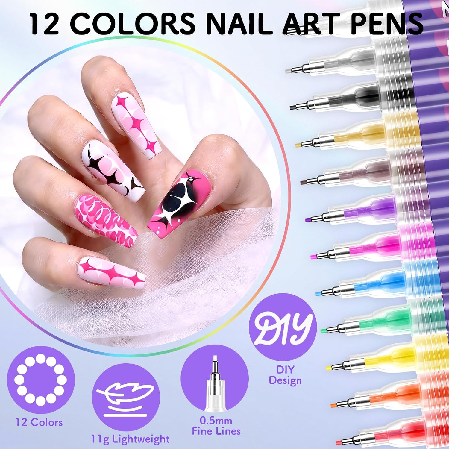Thumbnail 1 de Set de 12 Stylos Nail Art – Pointe fine 0,5 mm pour dessins précis sur ongles