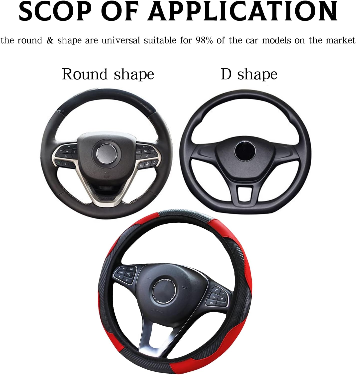 Detalle de VidFair Leather Steering Wheel Cover with Anti-slip Carbon Fibre, Universal 37–38 cm (Black-Red)