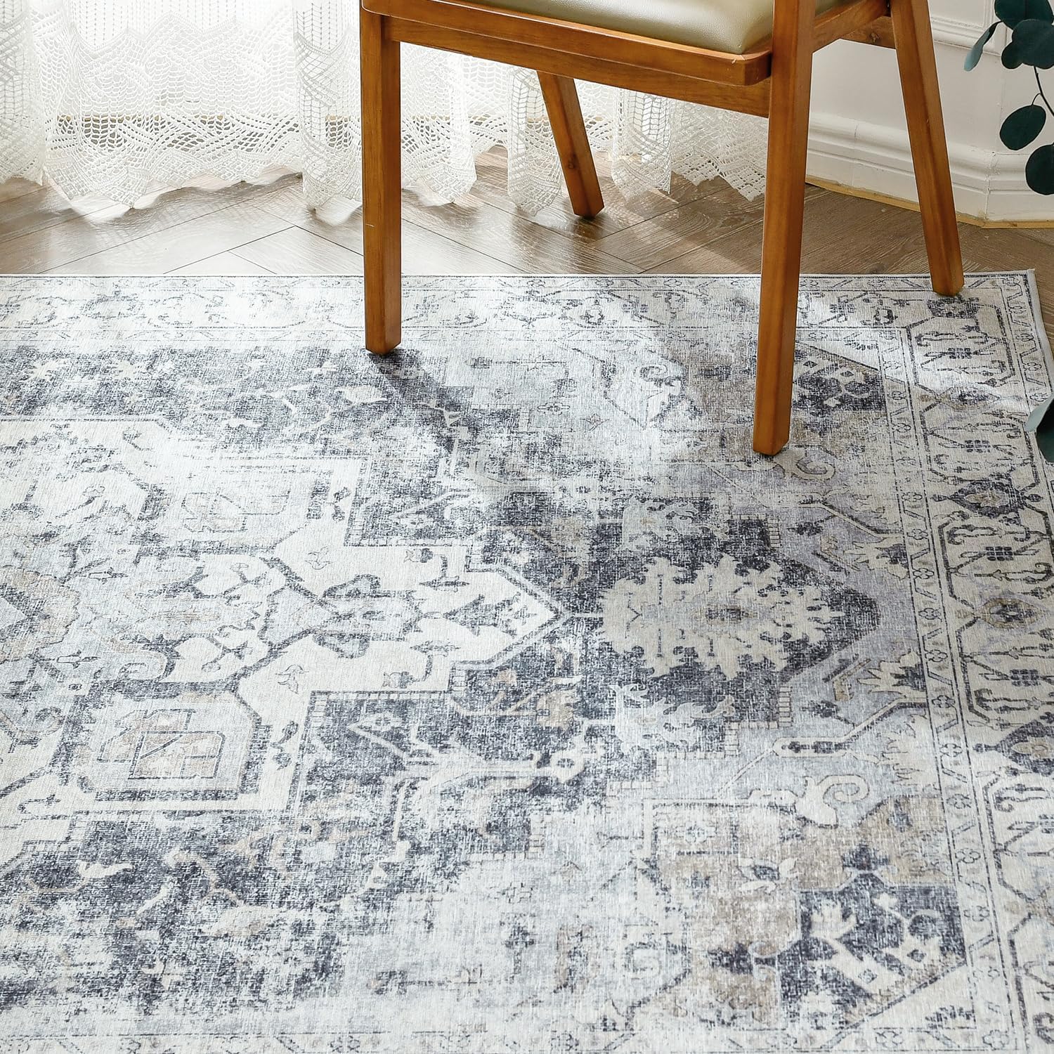 Thumbnail 6 de JINCHAN 2' x 6' Washable Runner Rug, Vintage Grey Floral Print, TPR Backing