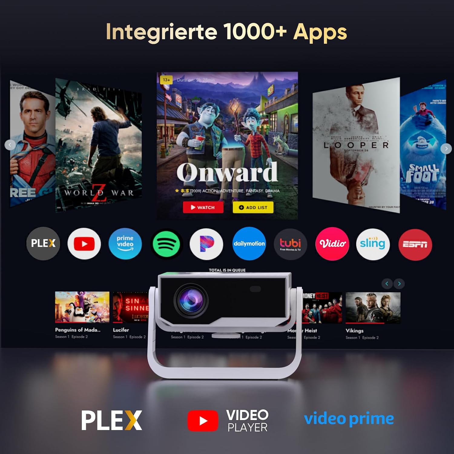 Detalle de Wielio Smart Beamer – kompakter Heimkino-Beamer mit integrierter App, 4K-Unterstützung und flexiblem Ständer