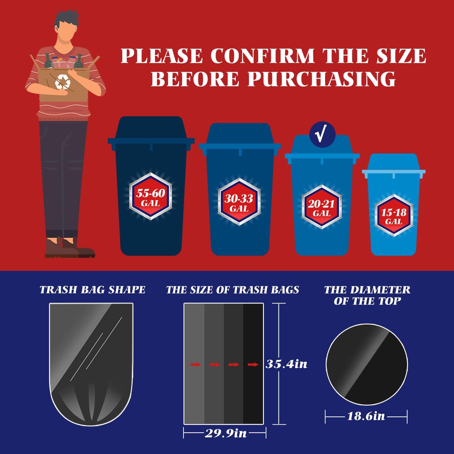 Detalle 2 de Teivio 20–21 Gallon Trash Bags, 40 Count, Black HDPE with Star-Seal Bottom