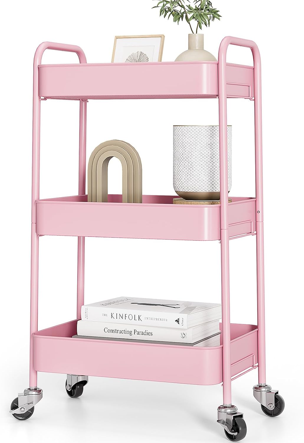 Detalle de TOOLF RY131218 3-Tier Metal Rolling Cart, Pink, Tool-Free Assembly
