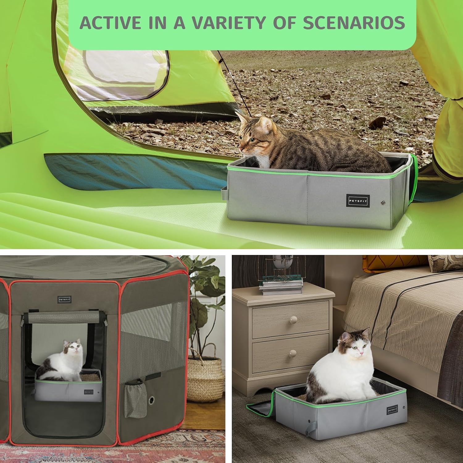 Detalle 2 de PETSFIT Travel Litter Box for Cats with Lid – Leak-Proof, Foldable 40x30x12cm (Grey Green)
