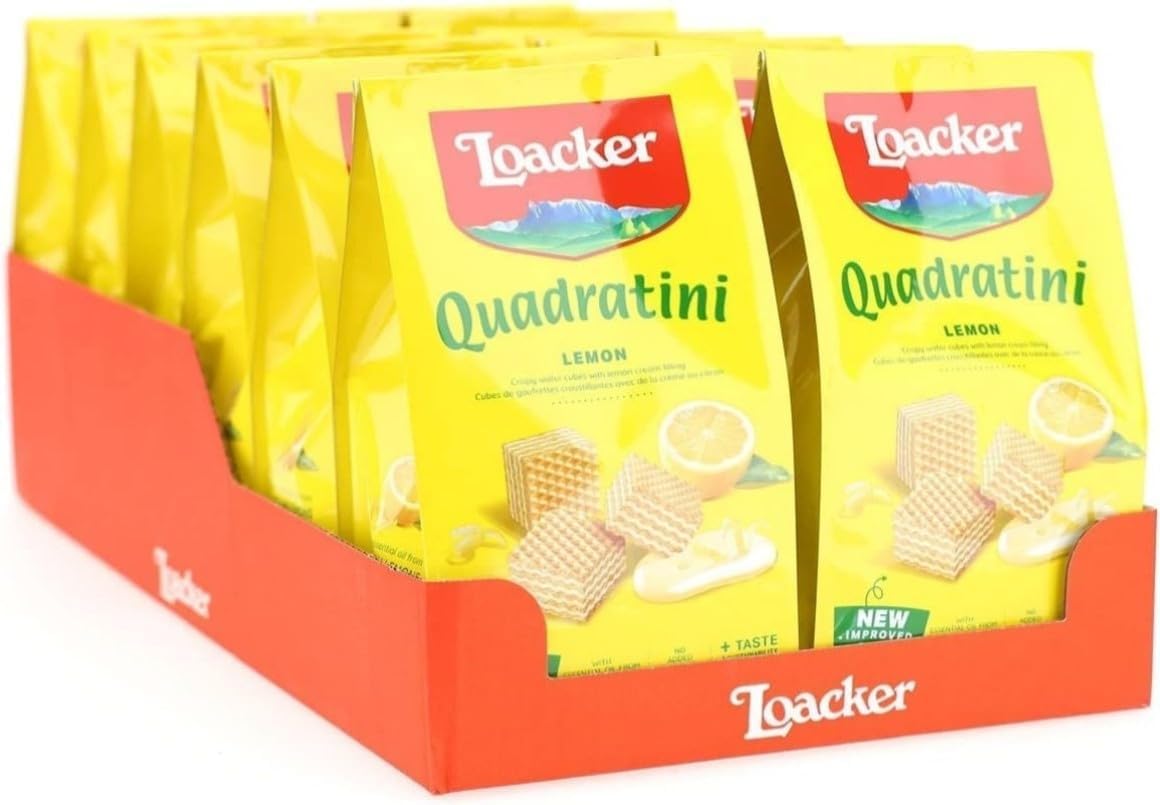 Detalle de Loacker Quadratini Lemon: cubetti croccanti con crema al limone in confezione da 12 sacchettini