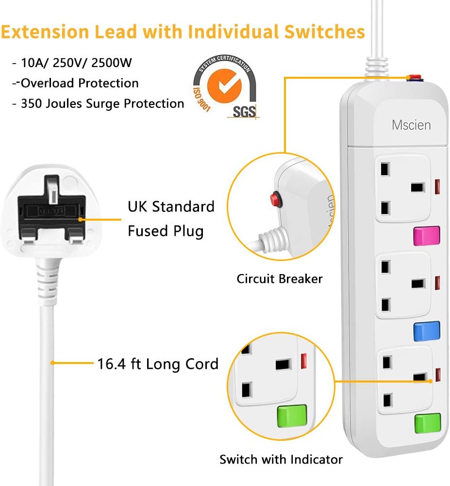 Detalle 2 de Mscien 3-way extension lead 5m, surge protected ๐
