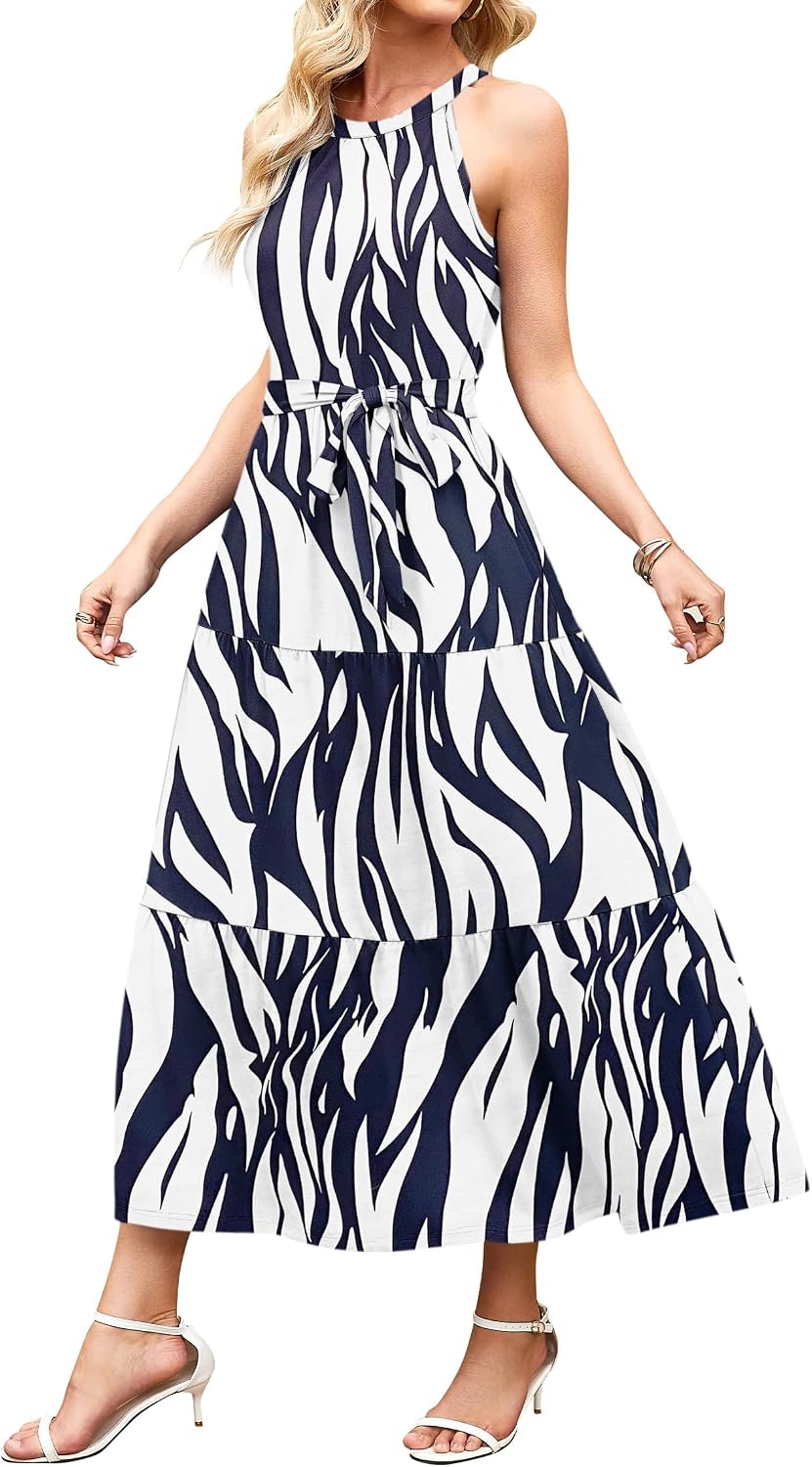 Thumbnail 1 de AUSELILY Damen Sommerkleid Lang Ärmellos Maxikleid Mit Taschen und Gürtel