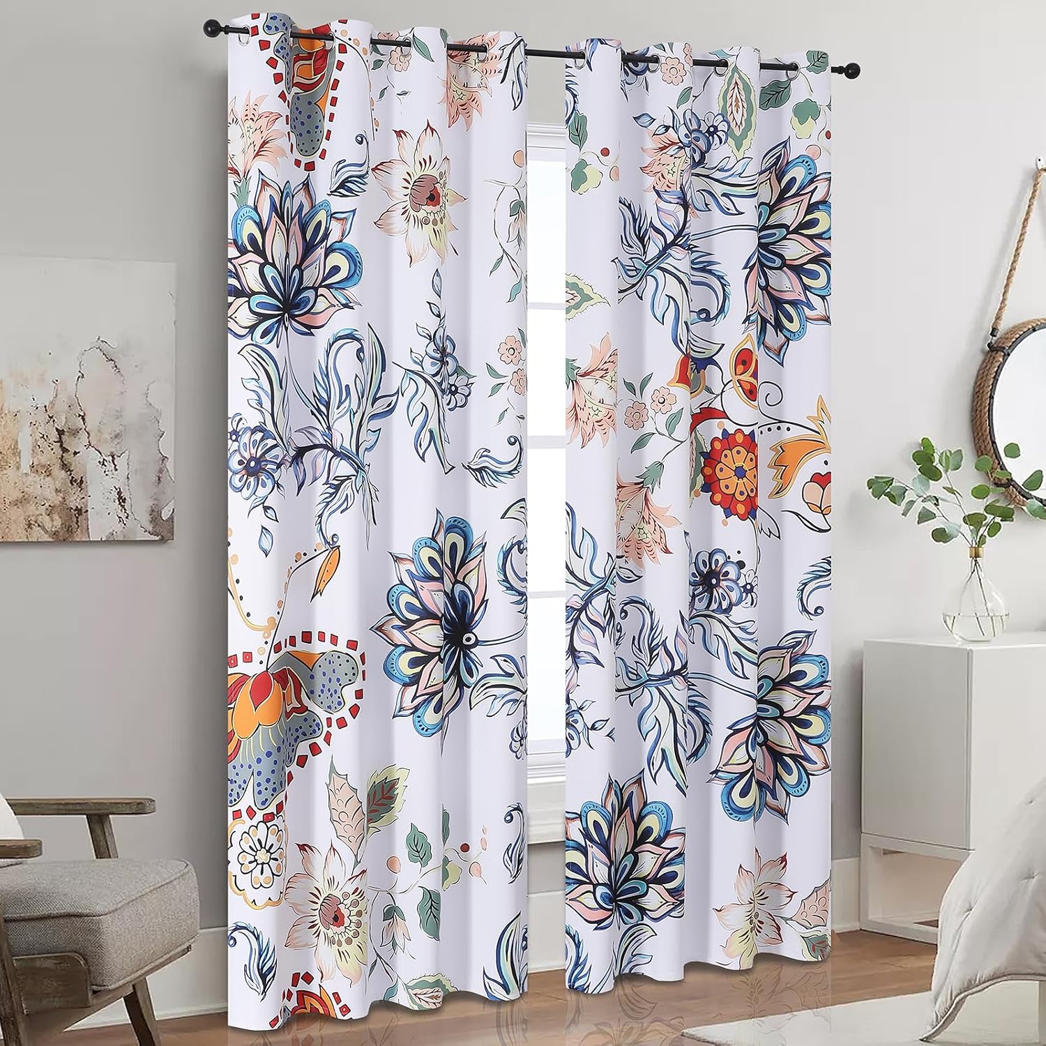 Detalle de VEHEDE Floral Room Darkening Curtains - Boho Blue Flower, 2 Panels, 52 x 84 inches