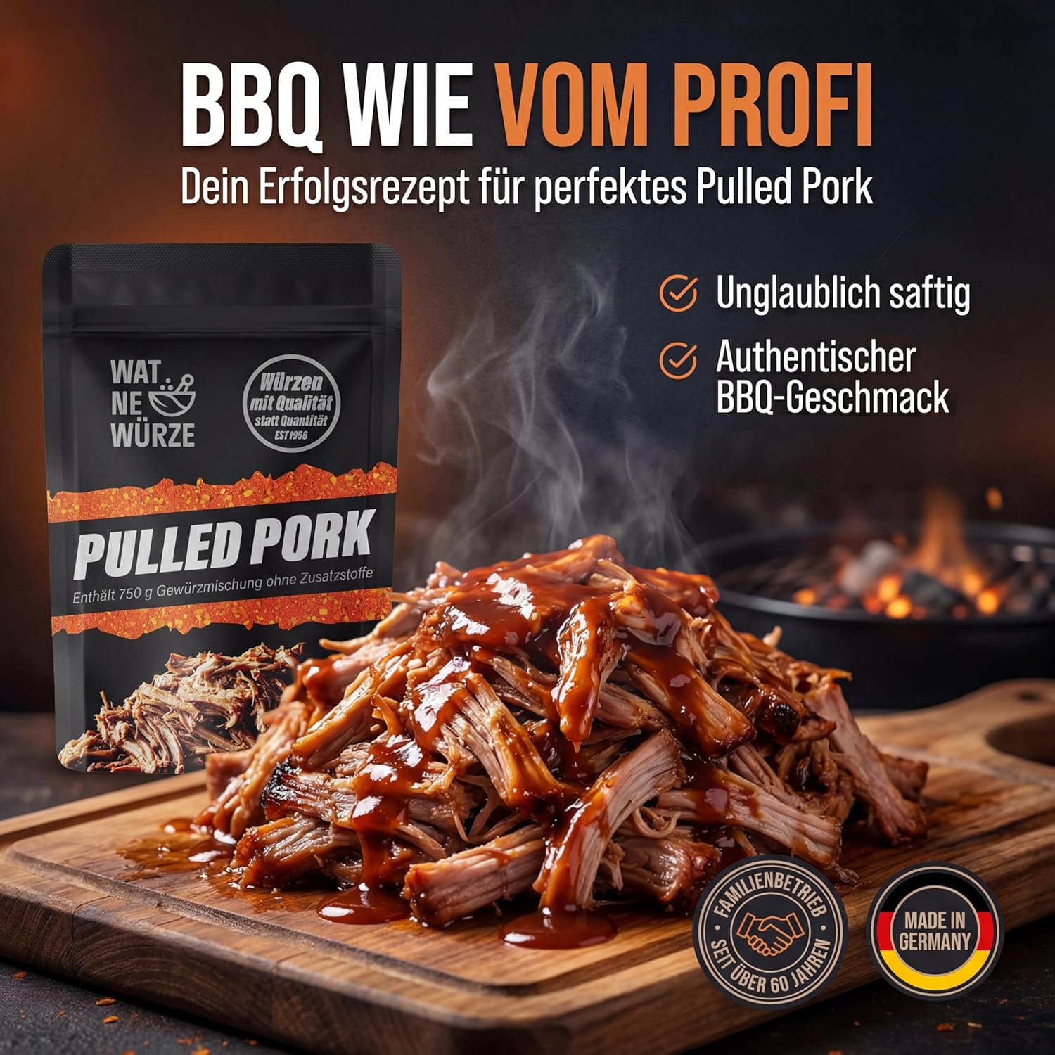 Detalle de WAT NE WÜRZE Pulled Pork Rub Gewürzmischung 750 g – BBQ Gewürz für Pulled Pork aus Schweineschulter oder Schweinenacken