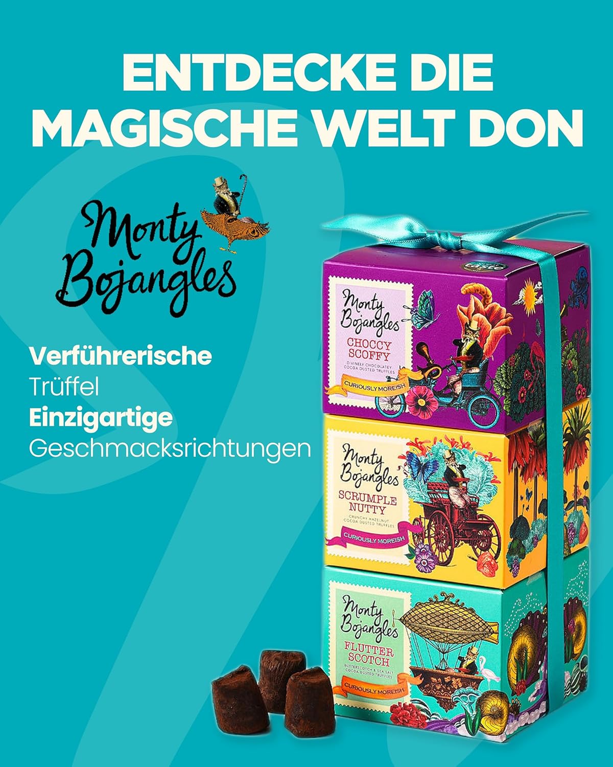 Detalle 2 de Monty Bojangles Schokoladentrüffel-Pralinenset (3×100 g) – 3 Geschmacksrichtungen, preisgekrönt