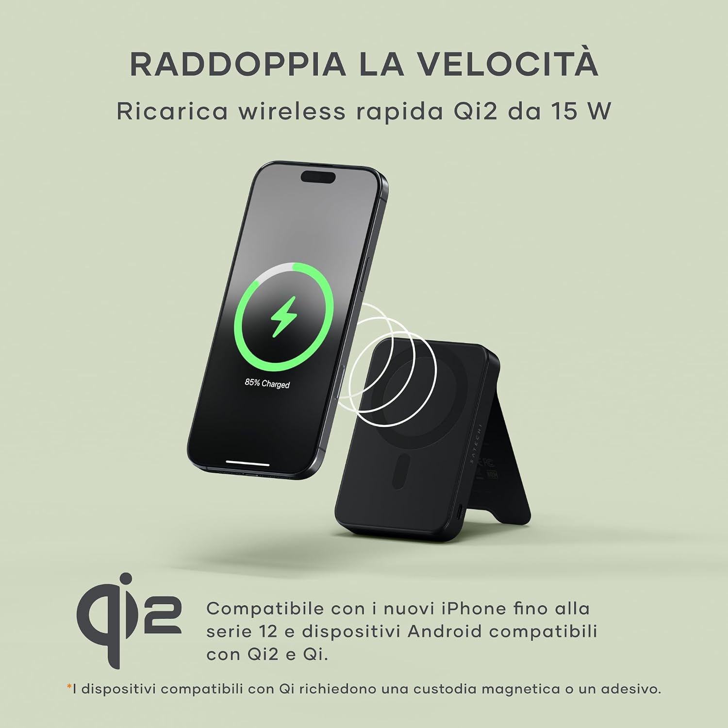 Detalle de SATECHI OntheGo™ Power Bank MagSafe 10000mAh con supporto integrato e ricarica Qi2 (15W)