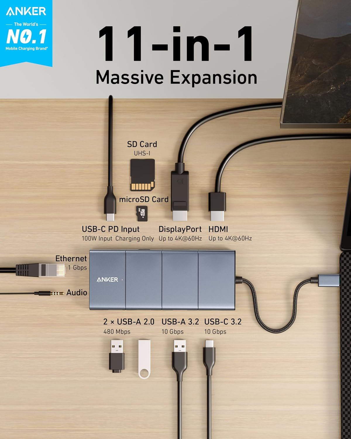 Detalle 2 de Anker 565 Hub: Docking Station 11 en 1 con 10 Gbps ⚡