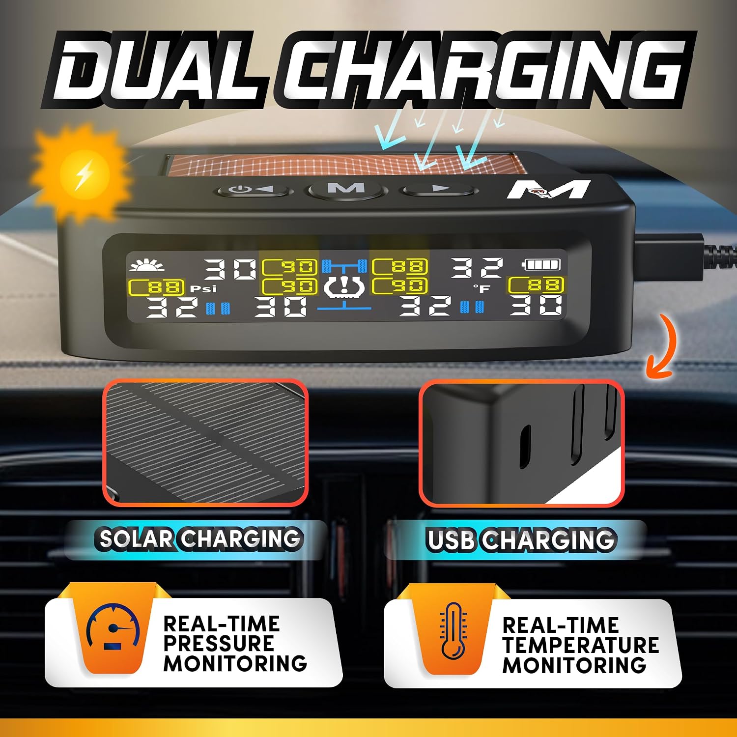 Thumbnail 3 de Marcala 2026 V2.0 Trailer TPMS Set (6 Sensors) – Extended 32-Foot Range, 0-144 PSI, Solar/USB Power