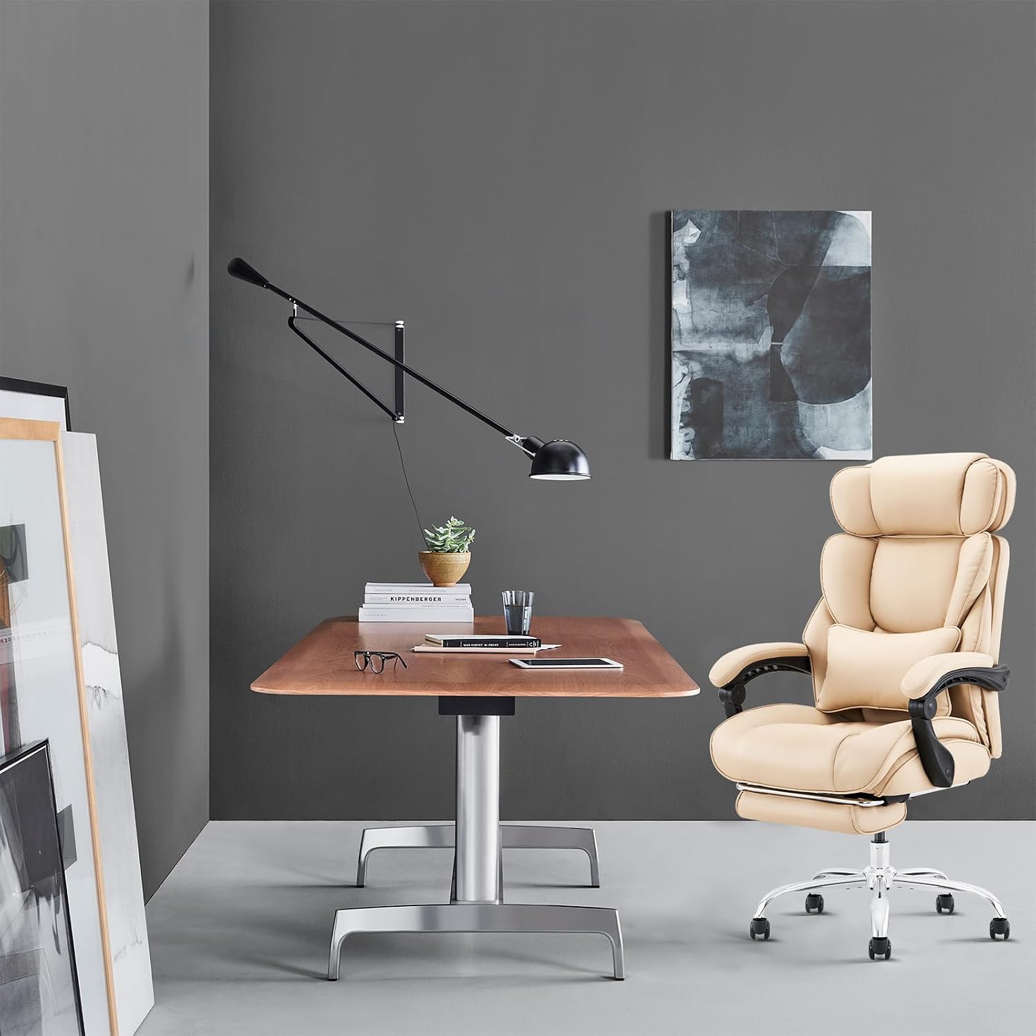 Thumbnail 3 de COLAMY 6754 High-Back Office Chair with Footrest, Recline and Khaki Bonded Leather