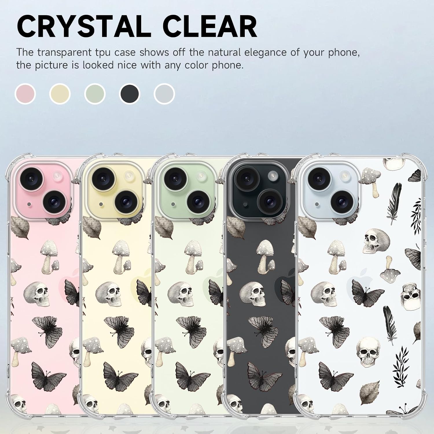 Thumbnail 6 de CAROKI Clear TPU iPhone 15 Case with Black Skull Pattern