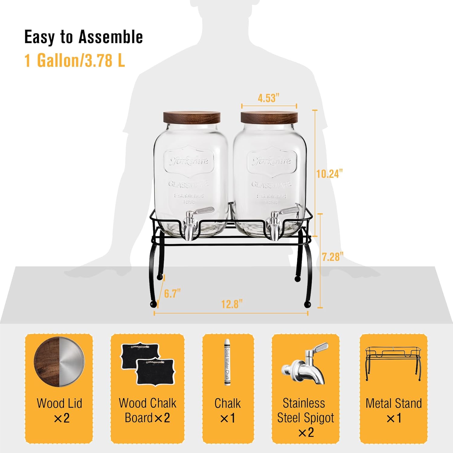 Detalle 2 de Mustry Glass Drink Dispenser for Parties — 1 Gallon Set with Stand and Spigot (2-Pack)