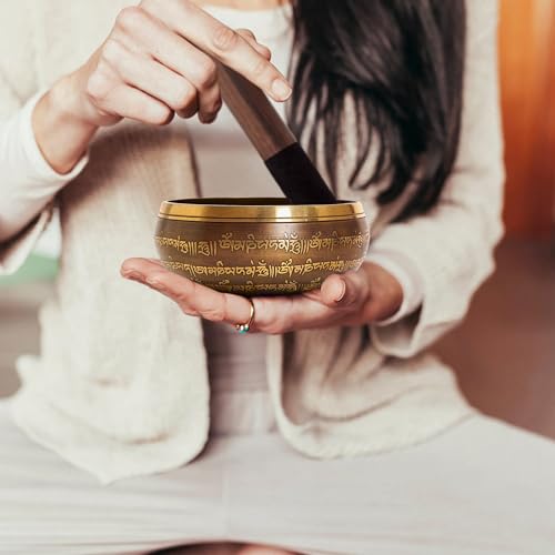 Detalle de XL Bol chantant fait main au Népal – Set tibétain pour méditation et yoga, fuseau cuir, boîte Lokta – Hātakāma Nēpāla