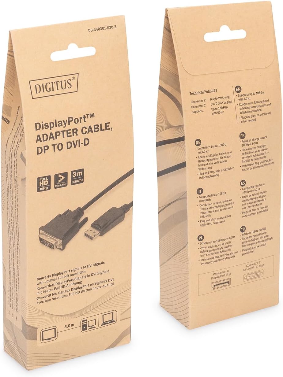 Detalle de DIGITUS DisplayPort zu DVI-D Adapterkabel (DP - DVI-D, 24+1), 3,0 m, Verriegelung, Full HD 1080p/60Hz
